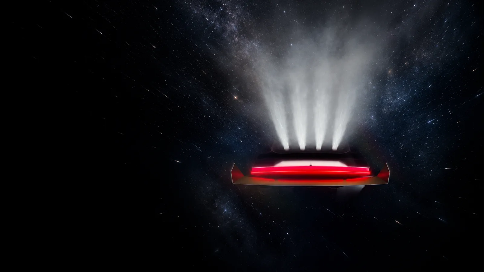 AI interpretation of Tesla’s partial 2026 Roadster teaser: a red light strip and four bright plumes in darkness, not a complete revealed car